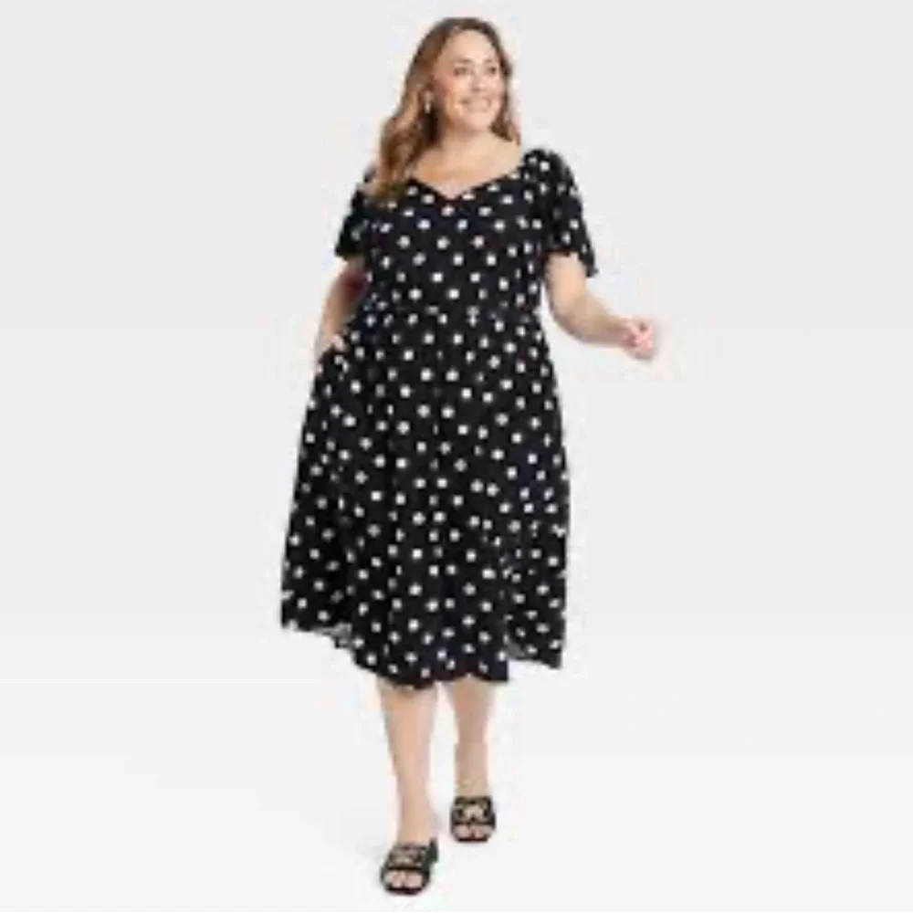 Ava & Viv Women's Black & White Polka Flutter Short Sleeve Midi Dress 3x